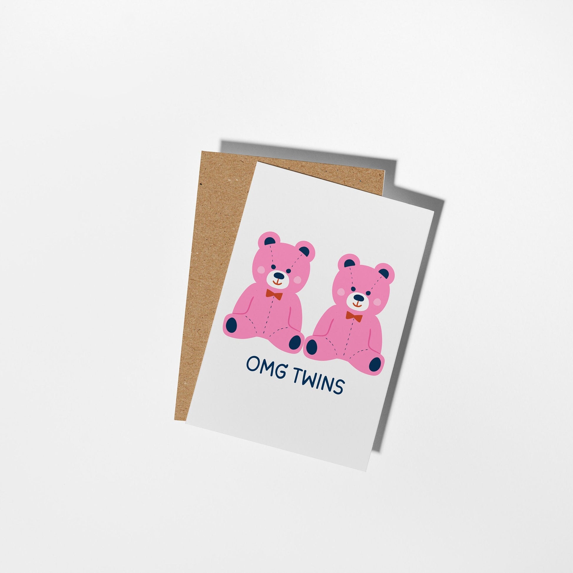 Personalised Twin Girls Baby Card with Pink Teddy Bears, Newborn Twins Congratulations - PulpKo