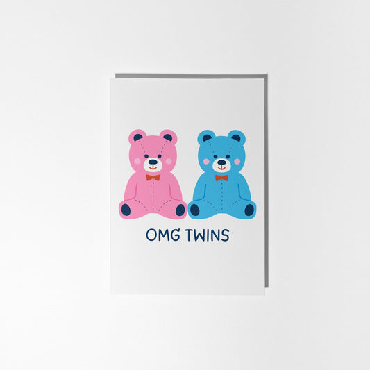 Personalised Twins Baby Card with Blue Teddy Bears, Newborn Twins Congratulations - PulpKo