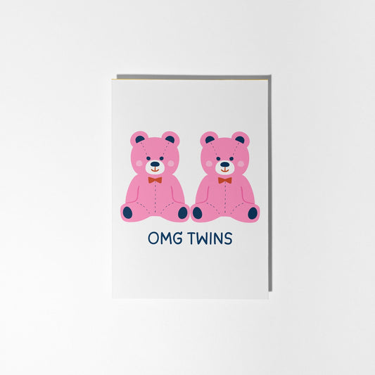 Personalised Twin Girls Baby Card with Pink Teddy Bears, Newborn Twins Congratulations - PulpKo