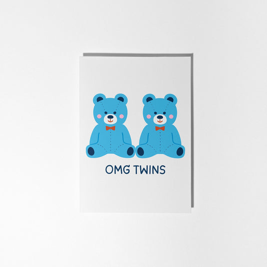 Personalised Twin Boys Baby Card with Blue Teddy Bears, Newborn Twins Congratulations - PulpKo