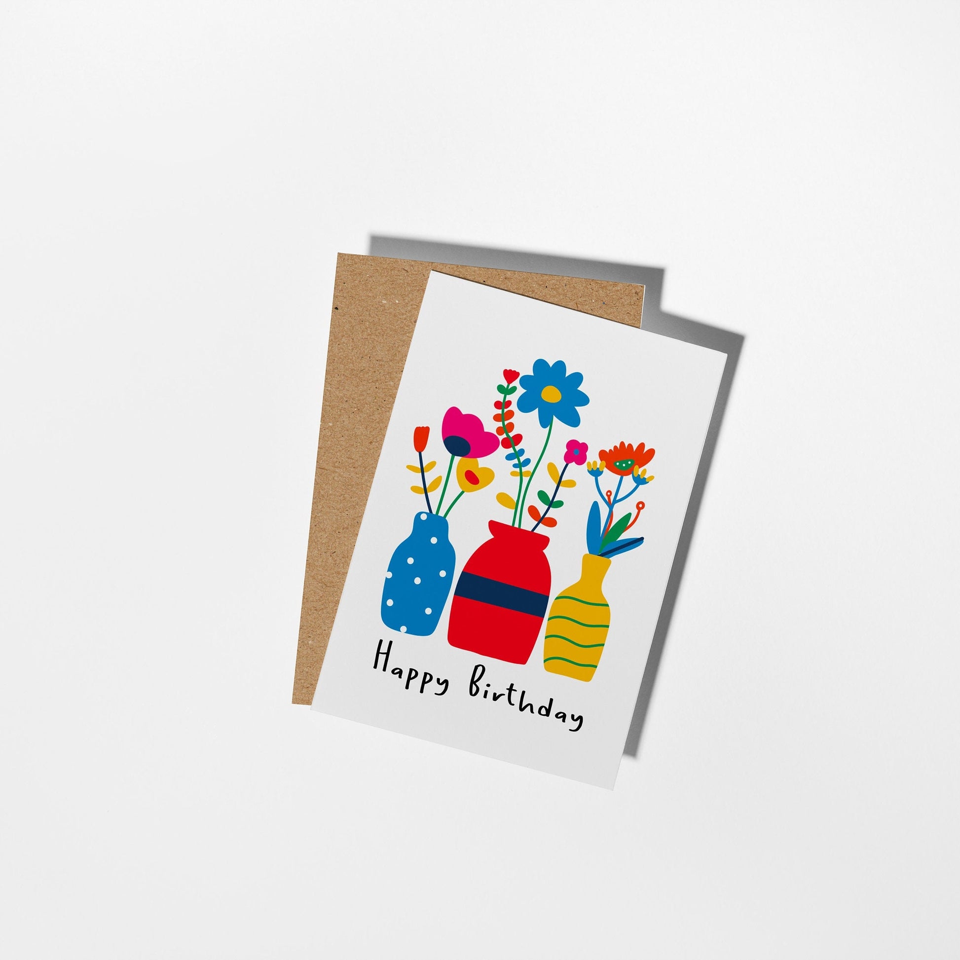 Happy Birthday Greeting Card with Hand-Drawn Colourful Vase Design - PulpKo