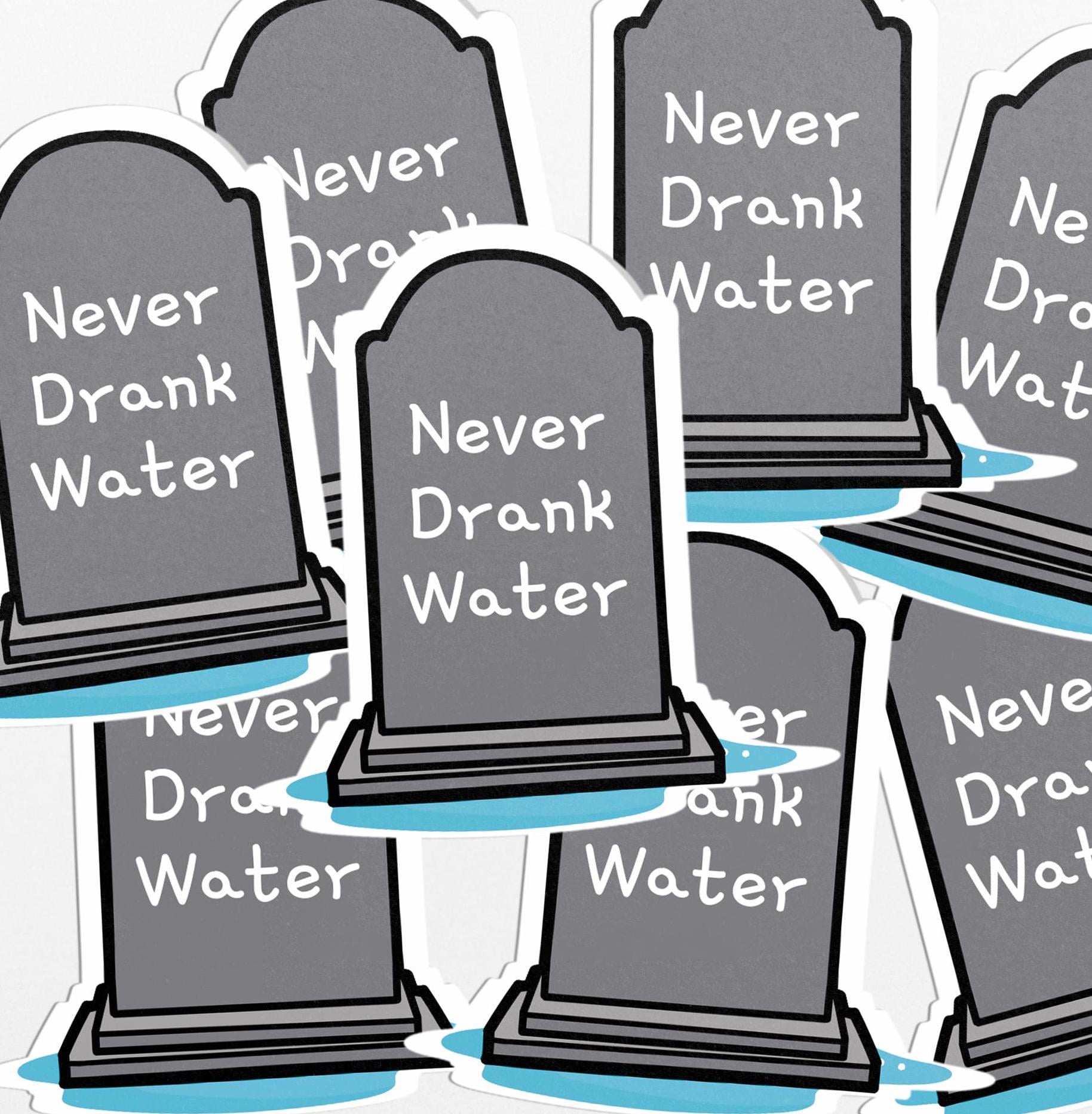 Never Drank Water, Funny Tombstone Sticker, Waterproof Vinyl Decal for Laptops and Water Bottles - PulpKo