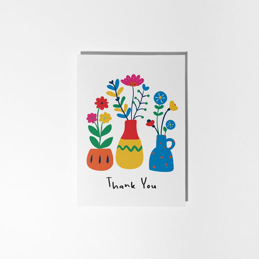 Floral Thank You Greeting Card with Hand-Drawn Colourful Vase Design - PulpKo