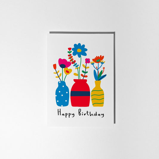 Happy Birthday Greeting Card with Hand-Drawn Colourful Vase Design - PulpKo