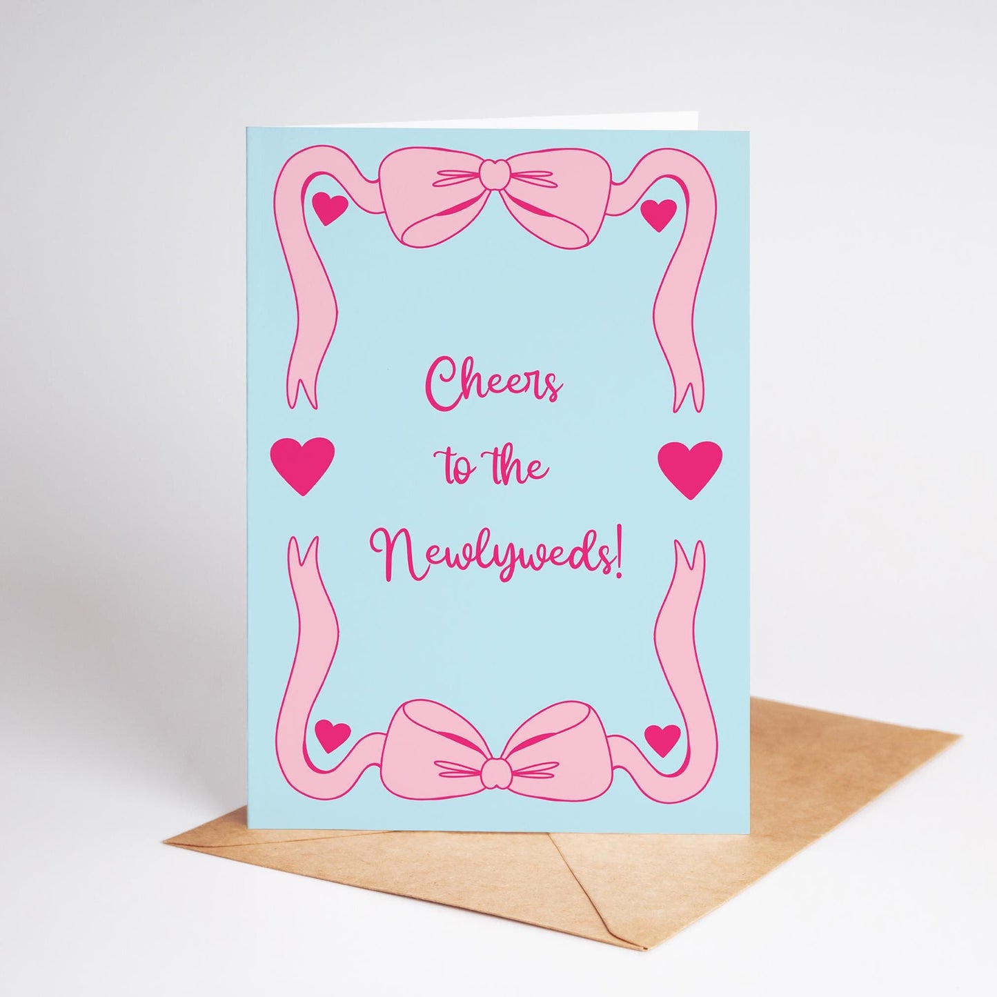 Cheers to the Newlyweds Card - Cute Wedding Congratulations Card with Ribbons and Hearts - PulpKo